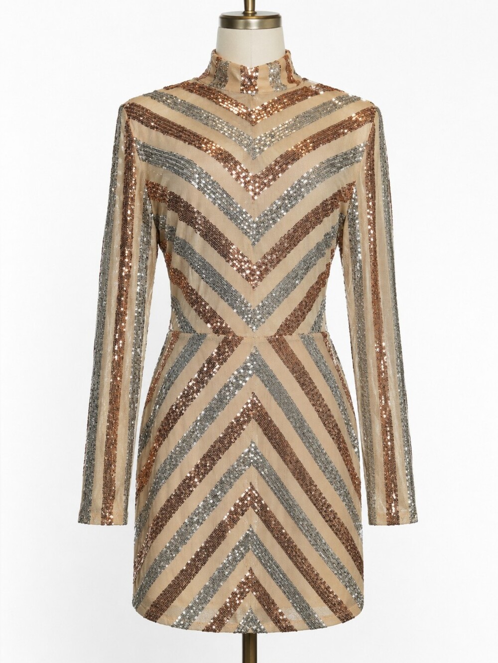 Bebe Stripe Sequin Mini Dress in Nude/Silver - Large